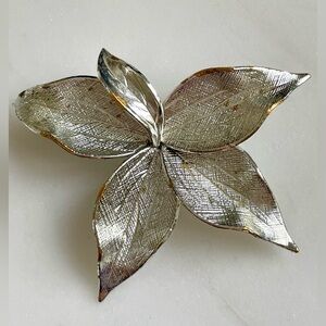 Silver Leaf Flower Brooch - Shiny Textured Petals